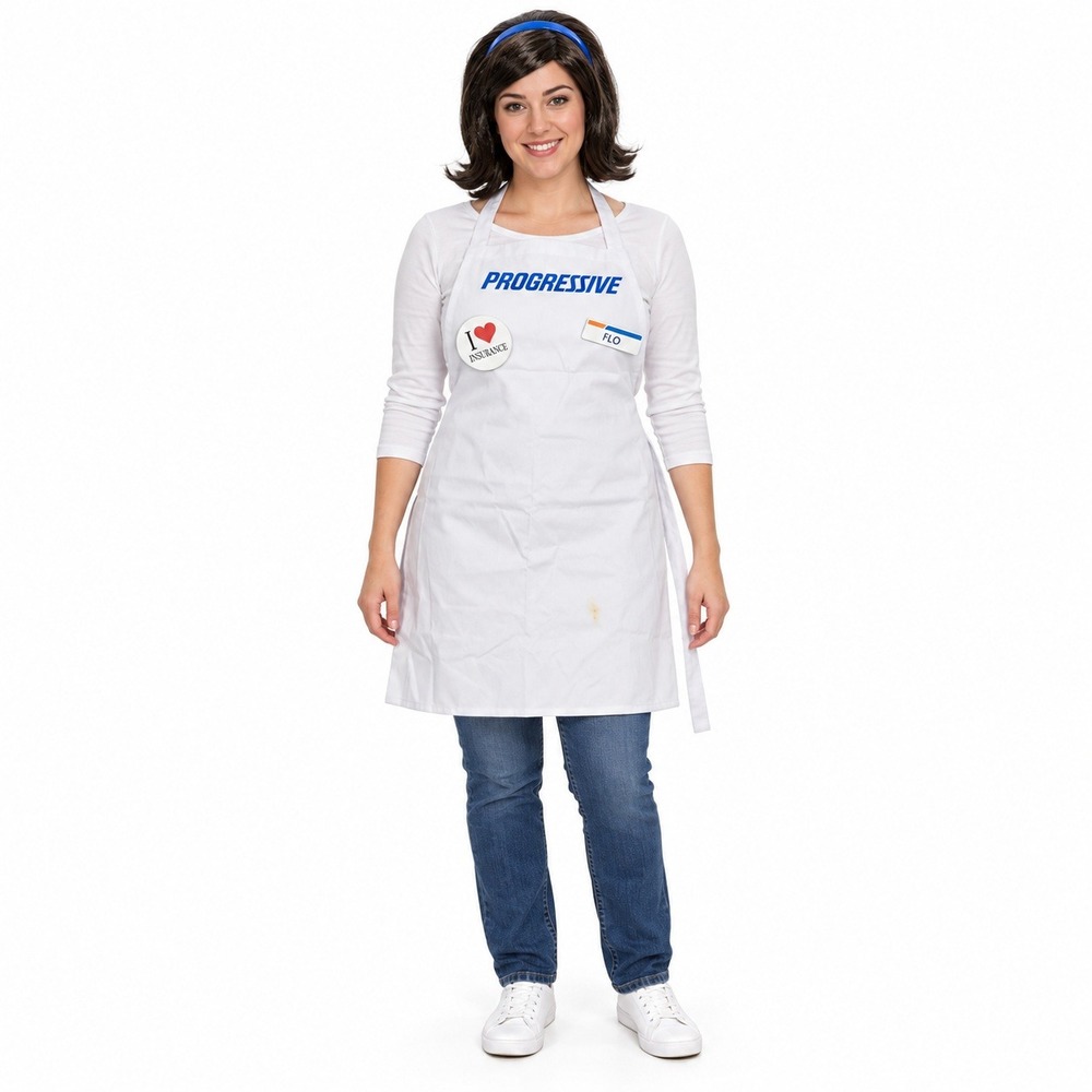 Progressive Flo Costume Set Women OS White Apron Wig Headband Name Tag Button